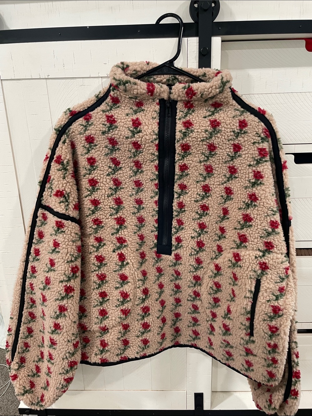 Women’s Beige Sherpa Pullover with Red Floral Pattern
